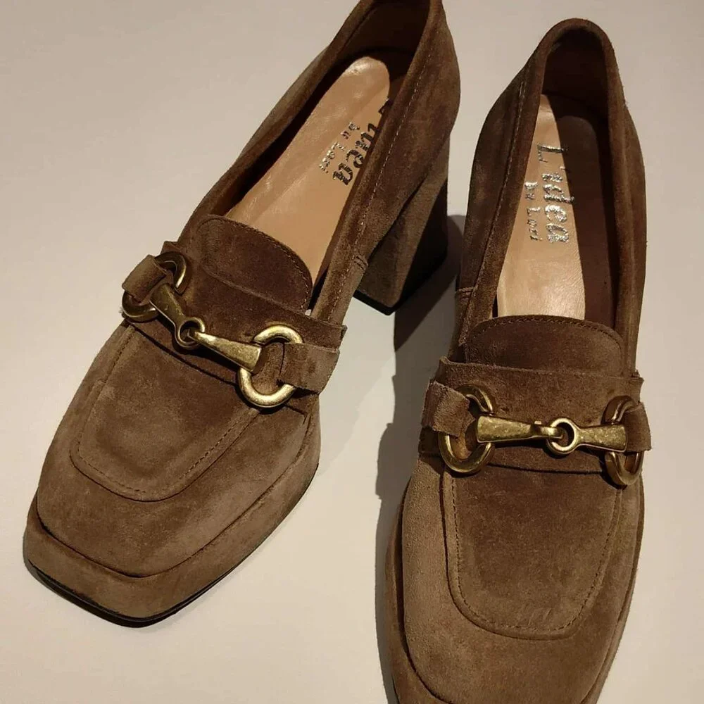 L’idea by Lori, tan platform suede loafer, EU size 38